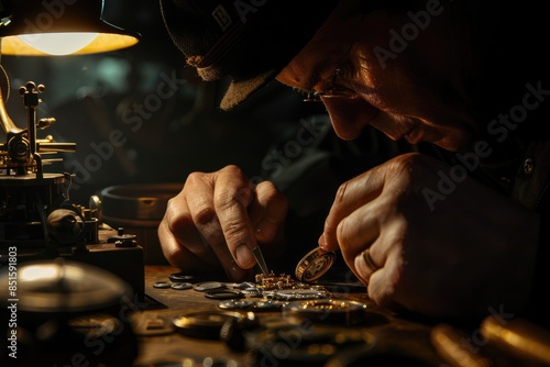 A skilled artisan meticulously focuses on restoring an old intricate timepiece in a softly illuminated workshop AIG58
