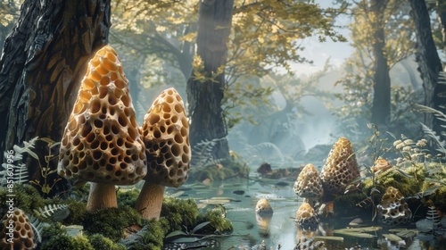 Edible morel in a forest scenery