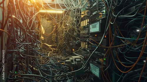 A cluttered server room filled with tangled cables and various networking equipment with glowing indicator lights, illuminated by soft, ambient light.