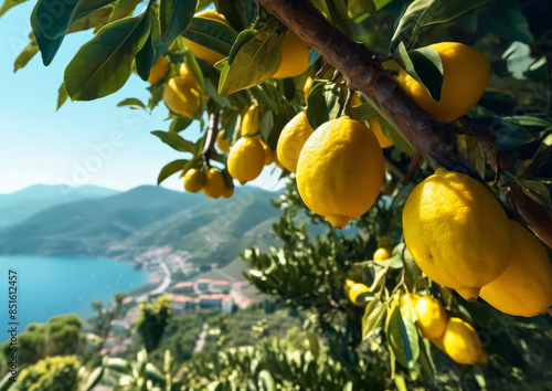 A tree with many lemons on it. The lemons are hanging from the tree and are dripping water. The scene is set in a beautiful natural environment with a lake in the background