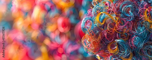 Close-up of colorful, curly threads forming an abstract pattern, focusing on vibrant textures and bright colors in a creative composition.