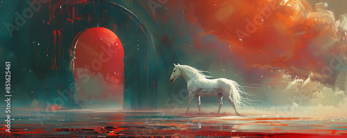 Abstract futuristic artistic illustration with a white horse and ancient arch structure.