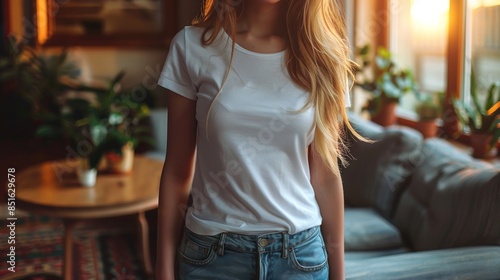 A woman stands cropped at the torso wearing a plain white t-shirt and blue jeans, ideal for casual fashion imagery