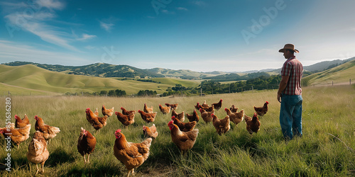 Caring farmer watching over chickens in a meadow during noon