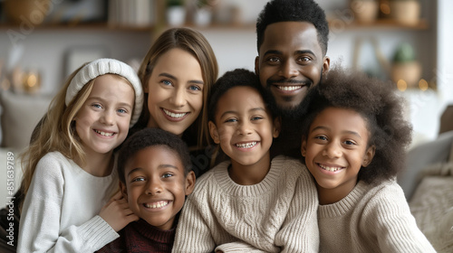 Smiling diverse blended family posing together in a cozy living room.