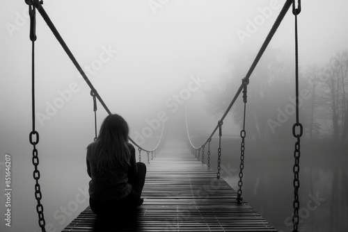 Lonely depressed woman sitting on a bridge in foggy scenery. Mental health, anxiety, and stress concept