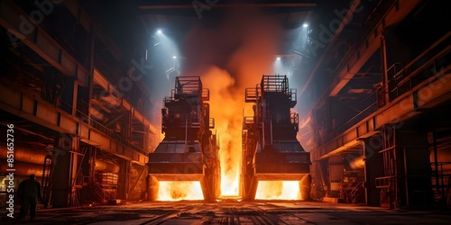 Steel mill transforms raw materials into construction materials with towering furnaces. Concept Steel manufacturing, Raw materials processing, Construction materials production, Industrial furnaces