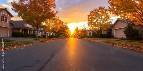 Tranquil Residential Street with Golden Foliage at Sunset. Concept Residential Street, Golden Foliage, Sunset, Tranquil Setting, Outdoor Photoshoot