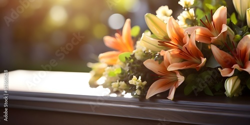 Close-up Shot of a Wooden Coffin with a Stunning Flower Arrangement. Concept Close-up Photography, Wooden Coffin, Flower Arrangement, Dramatic Lighting, Funeral Services