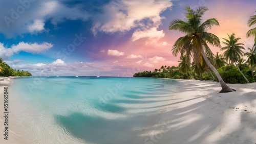 Panorama of Pristine Tropical Beach with Coconut Palm Trees