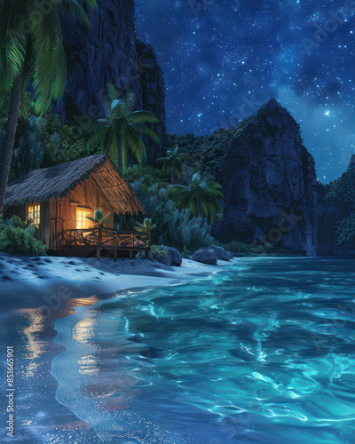 Tranquil Night Beach with Cozy Cabin, Starry Sky, and Gentle Waves Perfect Seaside Escape for Relaxation and Dreamy Vacation in a Tropical Paradise