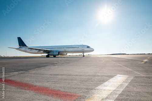 Commercial airplane during taxiing on taxiway to airport runway for take off on sunny day..