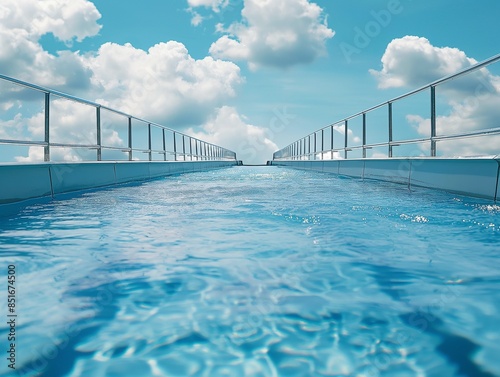 transparent water in wastewater treatment plant against blue background and clouds