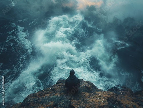 A solitary figure sitting on a rugged cliff overlooks a turbulent ocean with crashing waves and mist rising into the atmosphere, captured in the midst of nature's raw power