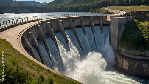 the structural details of a hydroelectric dam, highlighting the massive concrete walls and the powerful flow of water, with sunlight reflecting off the surface 