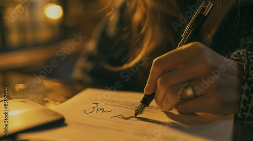 A woman writes "3PL" on a paper using a fountain pen. Third party logistics is a service where a company outsources part of its logistics and transportation operations to a third-party provider.