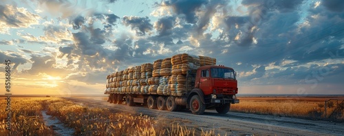 A large red truck loaded with bundles of hay travels down a dirt road through a picturesque, golden field under a dramatic cloudy sunset sky