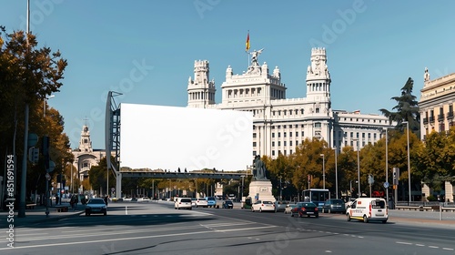 Blank billboard mockup in madrid with the cibeles palace in the background under a clear sky : Generative AI