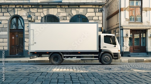Delivery truck with blank white board for mockup information is parked at urban street with stone road and sidewalk : Generative AI