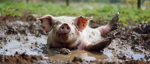 Pig rolling happily in a muddy puddle, enjoying a carefree momen