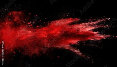 dramatic black background with vibrant red abstract powder explosion capturing dynamic motion and energy highspeed photography