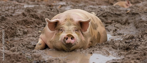 A chubby pig lounging in a muddy pit, looking content and relaxed, representing the simple pleasures of life