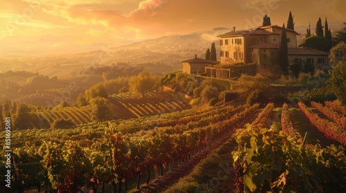 Terraced vineyard in Tuscany with ancient stone buildings, golden hour lighting, vibrant grapevines, picturesque Italian countryside, 4K, highly detailed