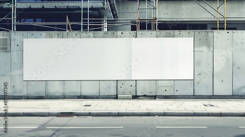 Blank long white hoarding with space for mockup information located in front of construction site with closed scaffold : Generative AI