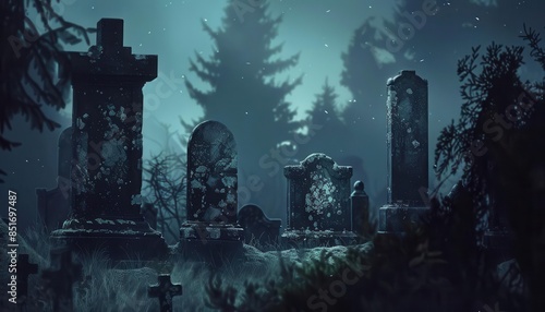 eerie dark graveyard with ancient weathered tombstones spooky night scene digital illustration