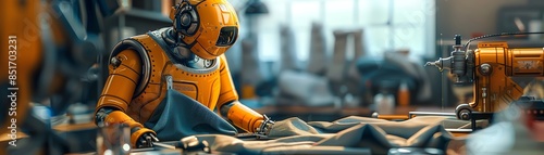 Hyperrealistic android robot tailor sewing clothes in a detailed workshop, highresolution fabrics and tools, photorealistic human job activity
