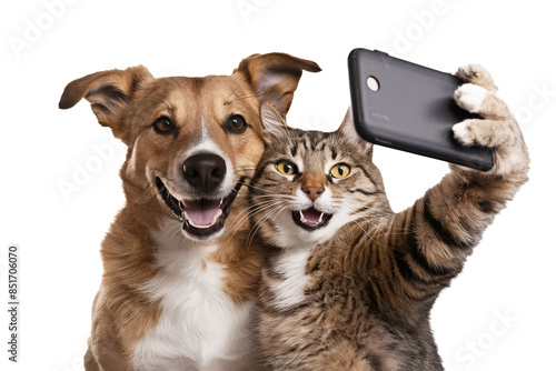 Smiley Dog and Cat looking at the camera and taking selfie together, isolated on transparent background. friendship, friendliness between cat and dog