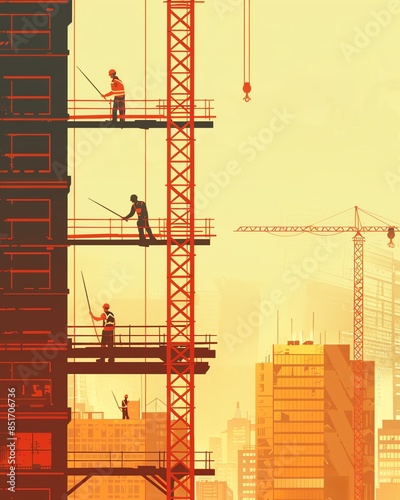 Silhouette of construction workers on a building site at sunset, with cranes and a cityscape in the background.