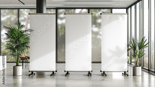 Empty rollup banners stand Blank template mockups Exhibition stand rollup banners screen for you design Vertical white roll up for preview : Generative AI