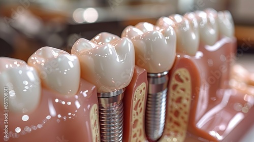 A close-up of a dental implant. The implant is made of titanium and is surgically placed into the jawbone to replace a missing tooth. 