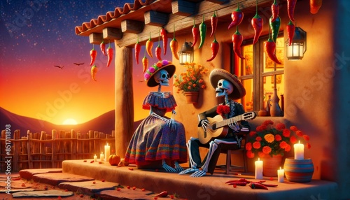 A skeleton serenading a loved one outside a traditional adobe house, with chili peppers and flowers hanging from the porch.