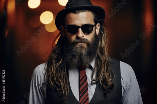 Solemn bearded man in a bowler hat looking camera bokeh background