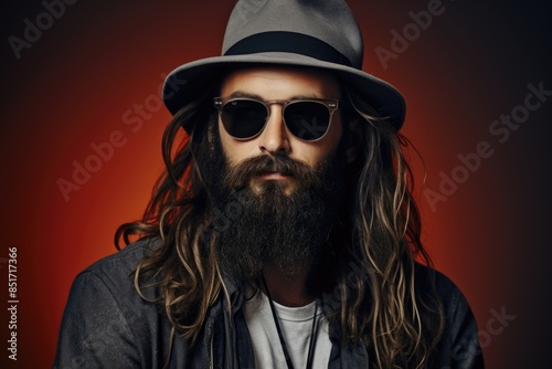 Solemn bearded man in a bowler hat looking camera red background