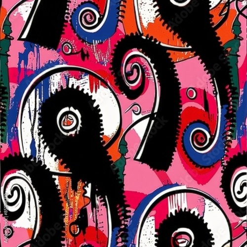 Vibrant abstract graffiti pattern with bold colors and swirls, perfect for artistic backgrounds and creative designs.