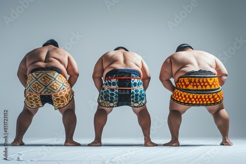 Three sumo wrestlers in traditional loincloths photographed from behind as they bend over to prepare for a sumo match.