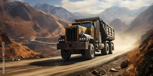 Coal mine dump truck transporting minerals in quarry. Concept Mining Operations, Dump Truck, Coal Industry, Mineral Extraction, Quarry Equipment