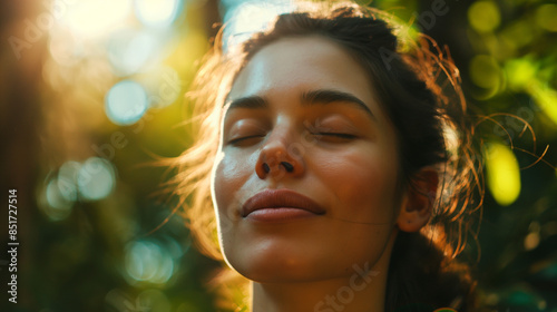 Tranquil close-up of a womanâs face, deeply relaxed in meditation during a group session in a sun-dappled forest.