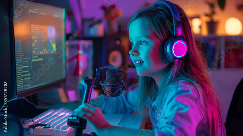 A young girl with a professional microphone setup, colorful RGB lighting illuminating her desk as she blogs about her day.