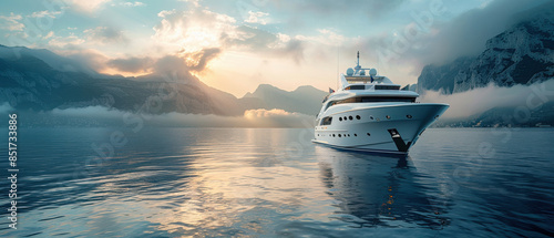 Luxurious yacht anchored in serene mountain lake at sunrise with misty clouds and reflection of sunlight on the water.