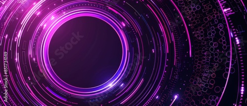 Tech circle design, layered neon purple rings with intricate digital patterns, creating a visually striking and modern look on a minimalist dark background