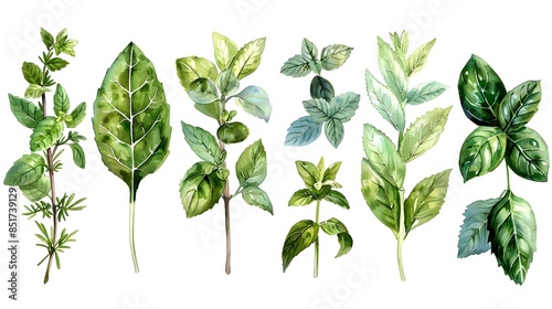 Watercolor Herb Leaf Collection Isolated on White Background