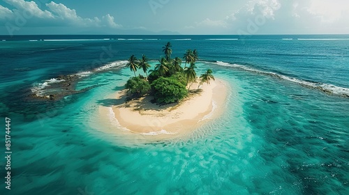 A beautiful island with a palm tree in the middle of the ocean. Breathtaking island scenery with lush mountains and crystal-clear ocean waters