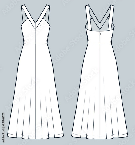  Strap maxi Dress technical fashion illustration. Flare Dress fashion flat technical drawing template, low neck, back zipper, sleeveless, front and back view, white, women Dress CAD mockup.