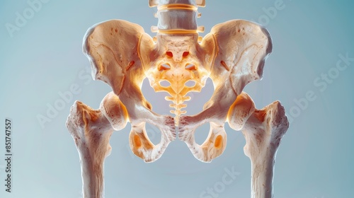 Close-up of a human pelvis and hip bones, isolated on a blue background.