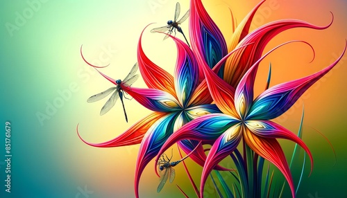 A detailed close-up of vibrant, abstract, star-shaped flowers with dragonflies perched on the petals.