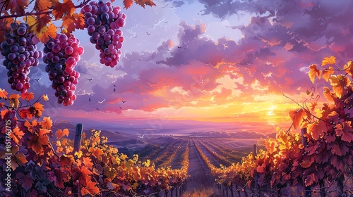 Vineyards at sunset at the top and bottom, warm and glowing with ripe grapes, oil painting style, copy space in the middle for vineyard tour ads